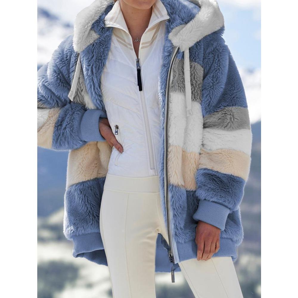 Damen Mehrfarbiger Flauschiger Kapuzenmantel, Lockere Warme Plüschjacke für Herbst Winter