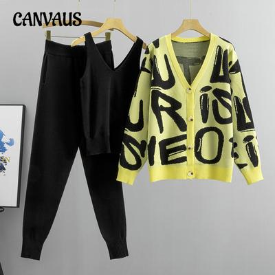 Fashionable Knitted Suit Women's Plus Size Vest Spring and Autumn Casual Temperament Tide Long-sleeved Sweater Pant Suit