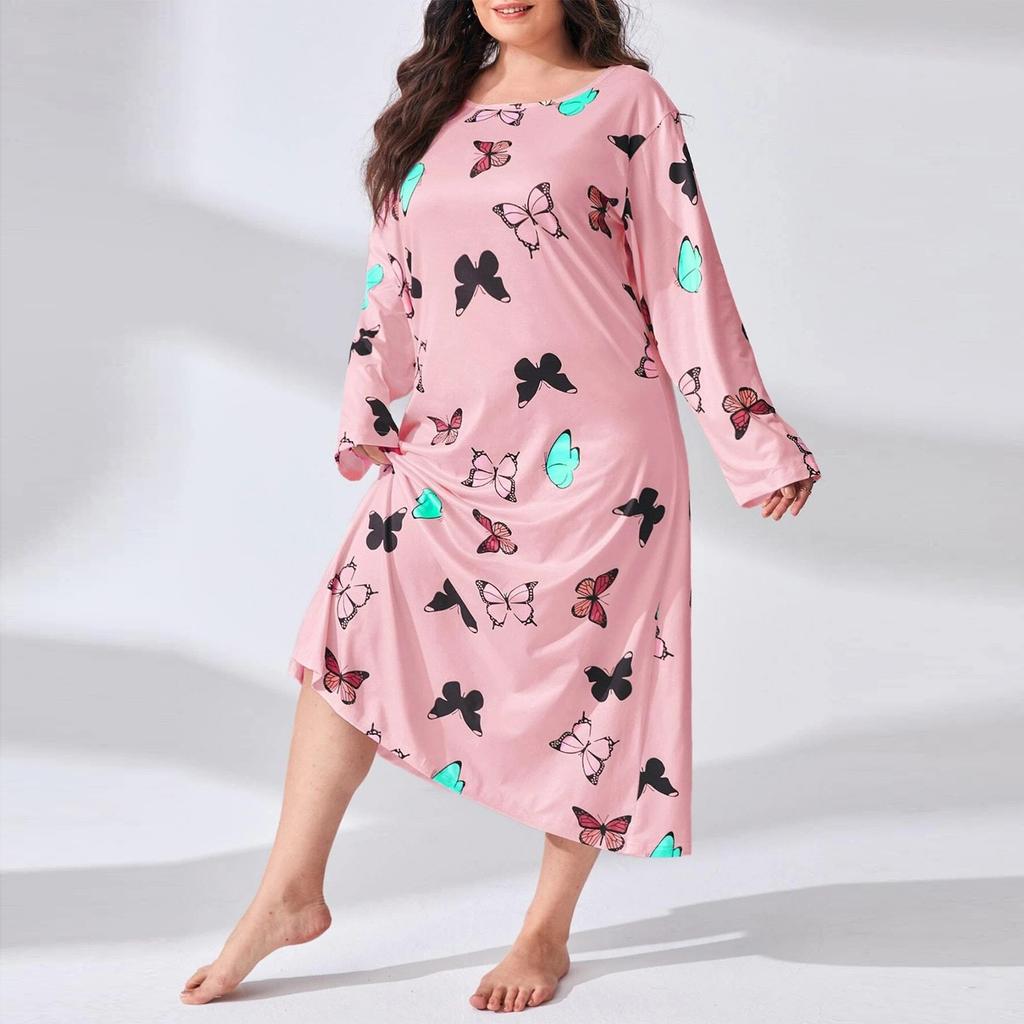 Women's Fashionable Plus Size Pajamas Round Neck Long Sleeved Print Length Nightgown Dress Clothes Sale