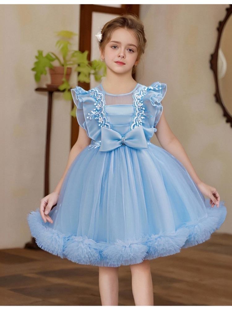 Children's Mesh Gowns Pom Pom Princess Dresses Medium and Large Children's Dresses Dresses Girls' Weekend Costumes  Girl's Favourite Dress