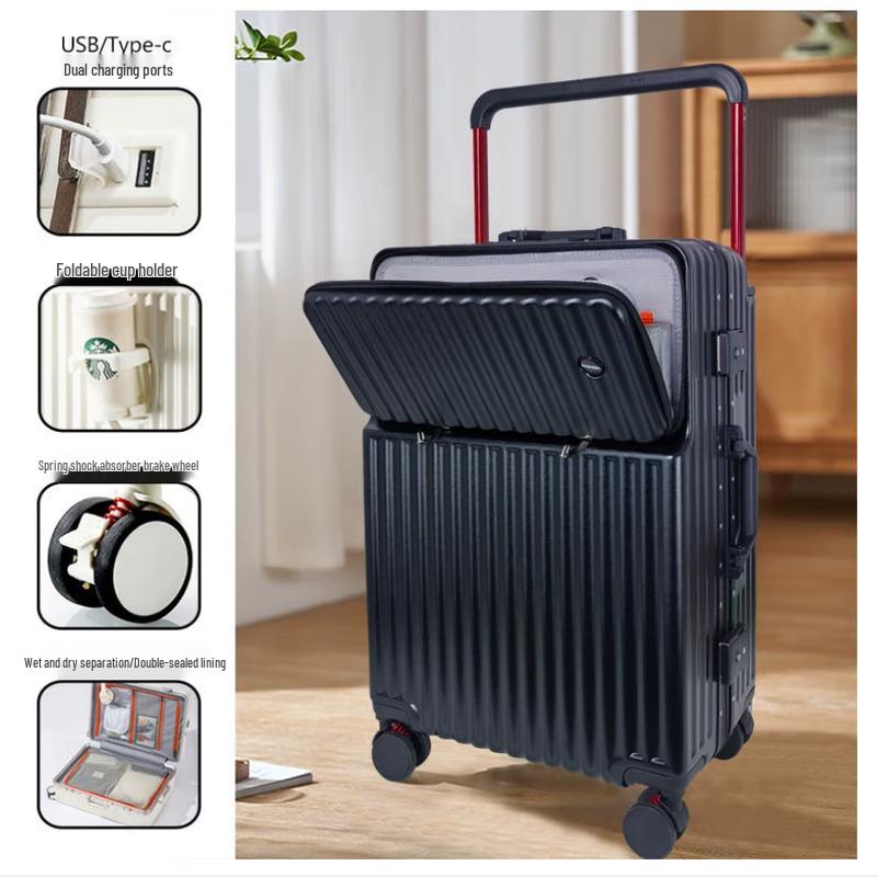 Zhiliu Starry Black Front-Opening Aluminum Frame Suitcase 20 inches
