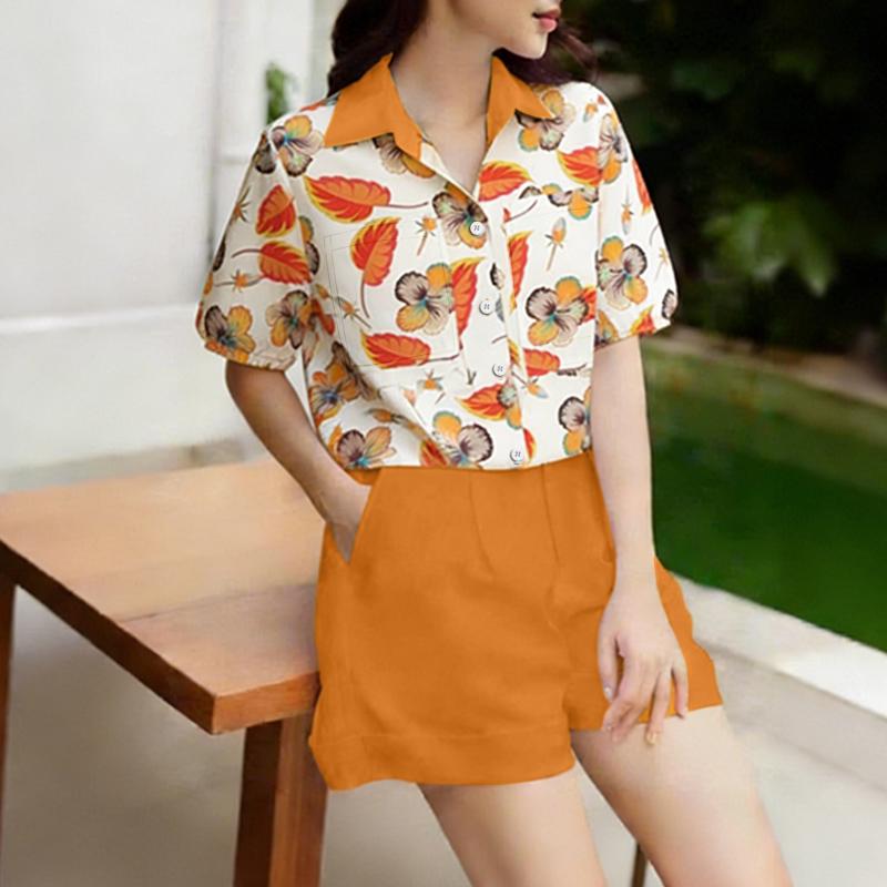 ZANZEA Women Short Sleeve Floral Blouse and Shorts Summer Two Piece Suit Sets