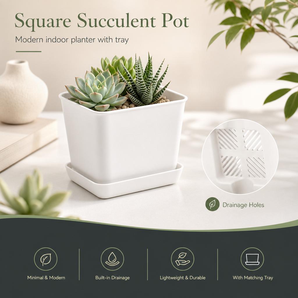 Plastic Square Planter Pot With Drainage Holes For Indoor Gardening