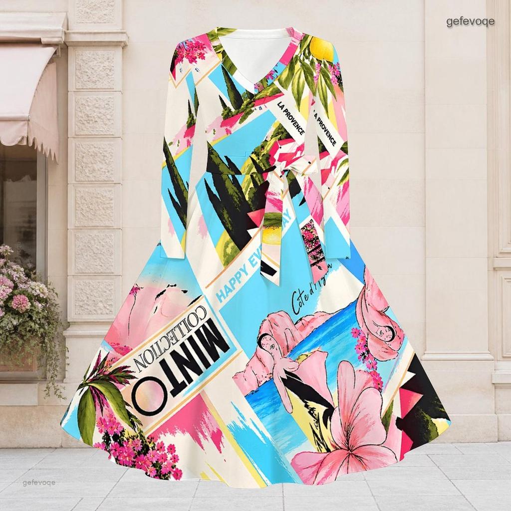Women Plus Size V Neck Long Sleeve Printed Blue Green Tie Waist A Line Flared Dress
