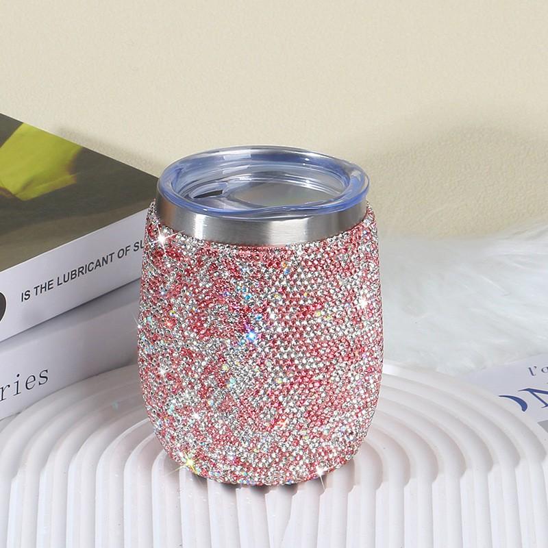 360ml Double Wall Vacuum Insulated Stainless Steel Tumbler With Rhinestone Decor Large Belly Shape Travel Cup Wine Coffee Tea