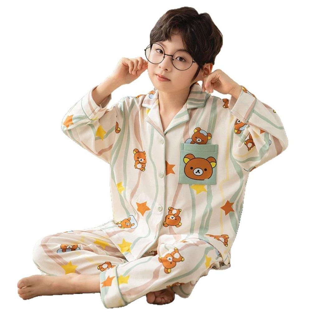 2026 Cotton Kids' Pajama Set: Long Sleeve Lapel Cardigan for Boys & Girls - Spring, Autumn, Winter
