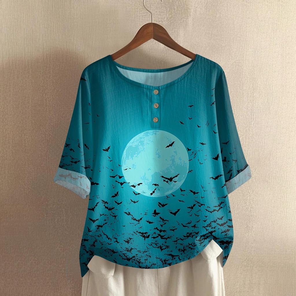 Damen Modisches Und Lässiges Shirt Halbarm Rundhals Print Baumwolle Und Leinen Bluse Top