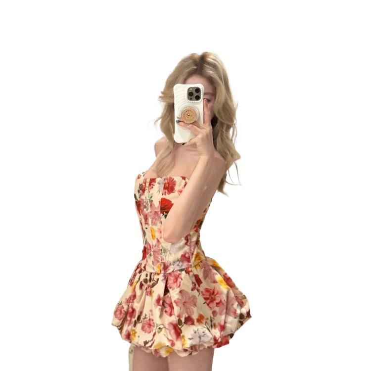 French Floral Two-Piece Set: Strapless Top & Puffy Skirt
