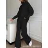 Womens Solid Color High Neck Knit Set Casual Loose Fit Wide Leg Pants Two Piece Outfit Winter
