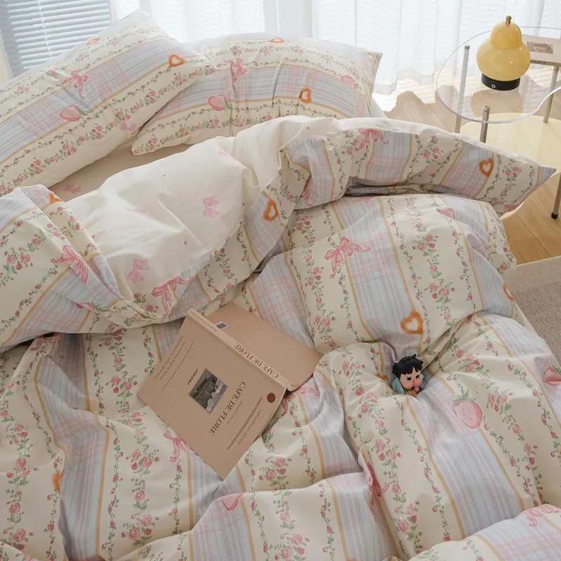 Pink Flowers Duvet Cover Set Ins Fashion Single Queen Size Girls Boys Flat Sheet Pillowcase No Filler Home Decor Bedding Set