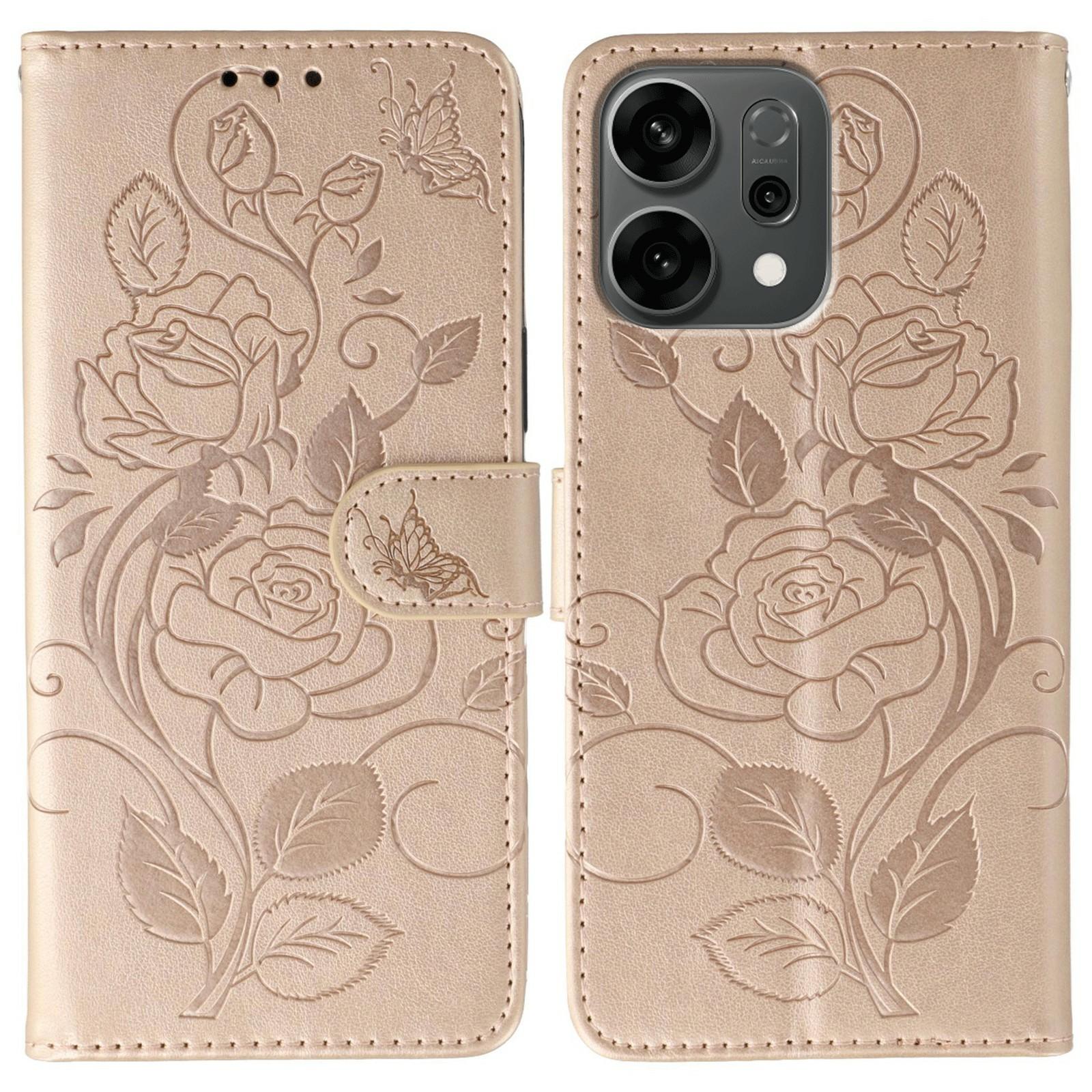 

For Oppo Reno14 5G (Global) Case Wallet Stand Imprinted Rose Butterfly PU Leather Phone Cover Rose Gold