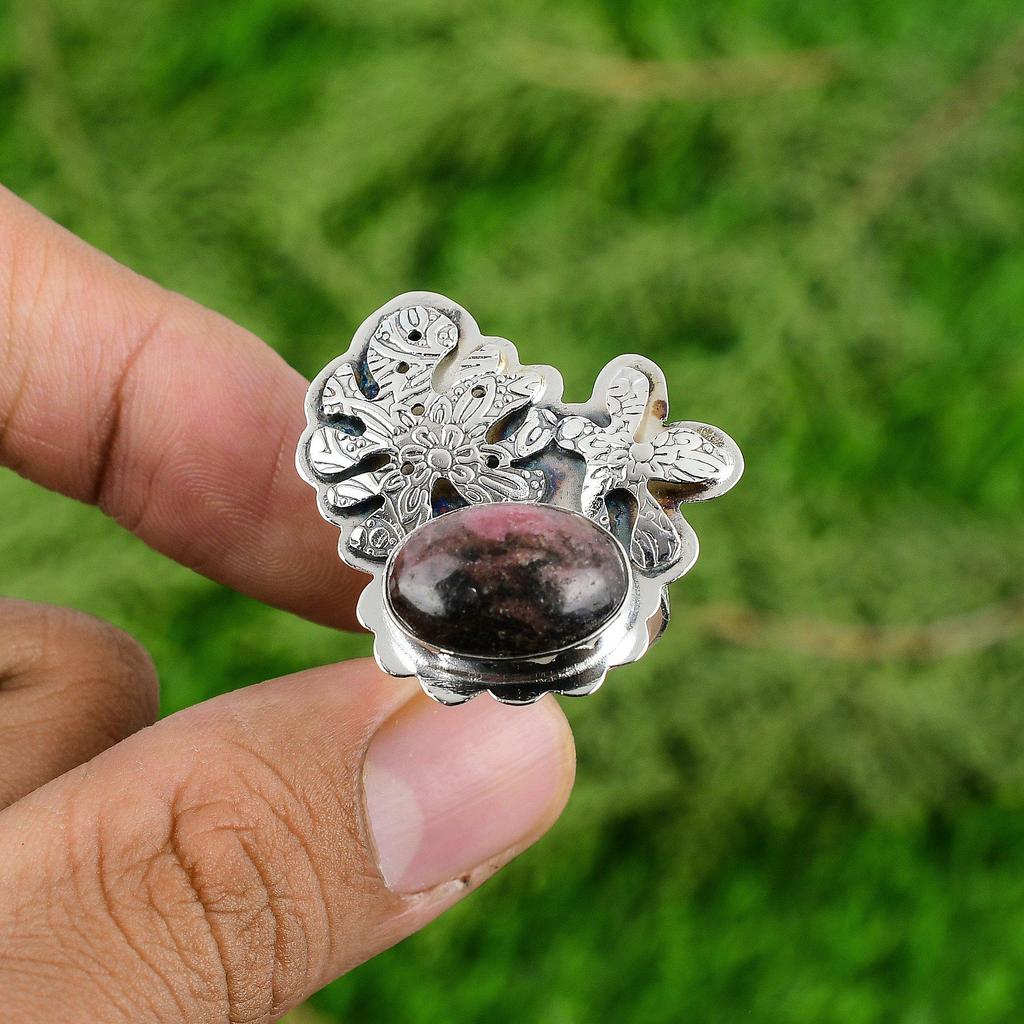 Mothers day Sale 925 Silver Natural Rhodonite Bezel Statement Wife Ring Jewelry