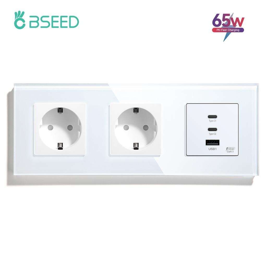 BSEED Power Sockets Electric Outlets Plus Dual Type-c USB Fast Charging Ports 65W 3A Glass Frame EU Standard Wall Embedded