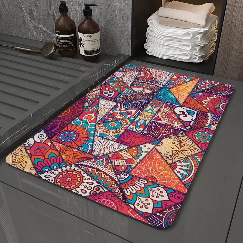 Tapis de Bain Bohème Tribal Mandala Géométrique Antidérapant Absorbant l'Eau Fin Tapis de Sol Salle de Bain Chambre Entrée Décoration Intérieure Bohème