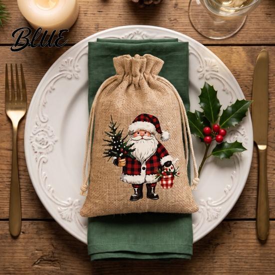 Holiday Treat Bags for Kids Christmas Drawstring Bags, Small Festive Prints Burlap Pouches Seasonal Gift Wrapping Supplies Candy Jewelry And