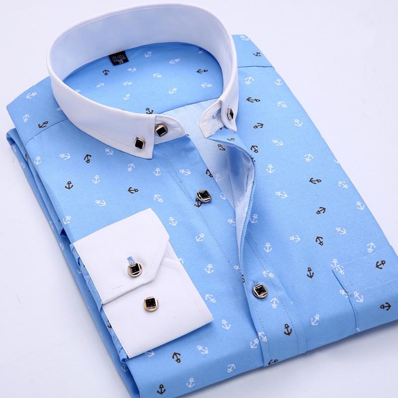 Camisa Masculina de Manga Longa com Gola Turn-Down, Estampa Xadrez Floral, Corte Slim.