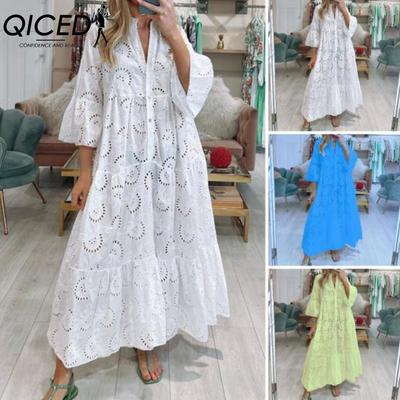 8 Farben S-5XL Damenmode Sommer Frühling Einfarbig Druck 3/4-Ärmel V-Ausschnitt Freizeitkleider