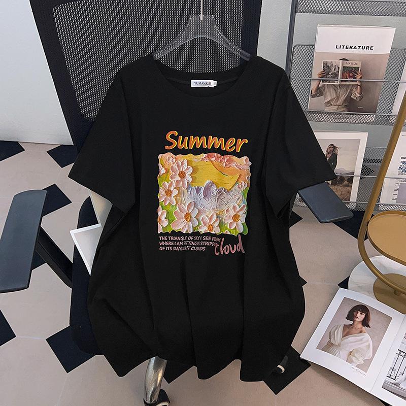 Plus Size Slimming Mid-Length Short-Sleeve T-Shirt (200/300/350 Jin) for Women