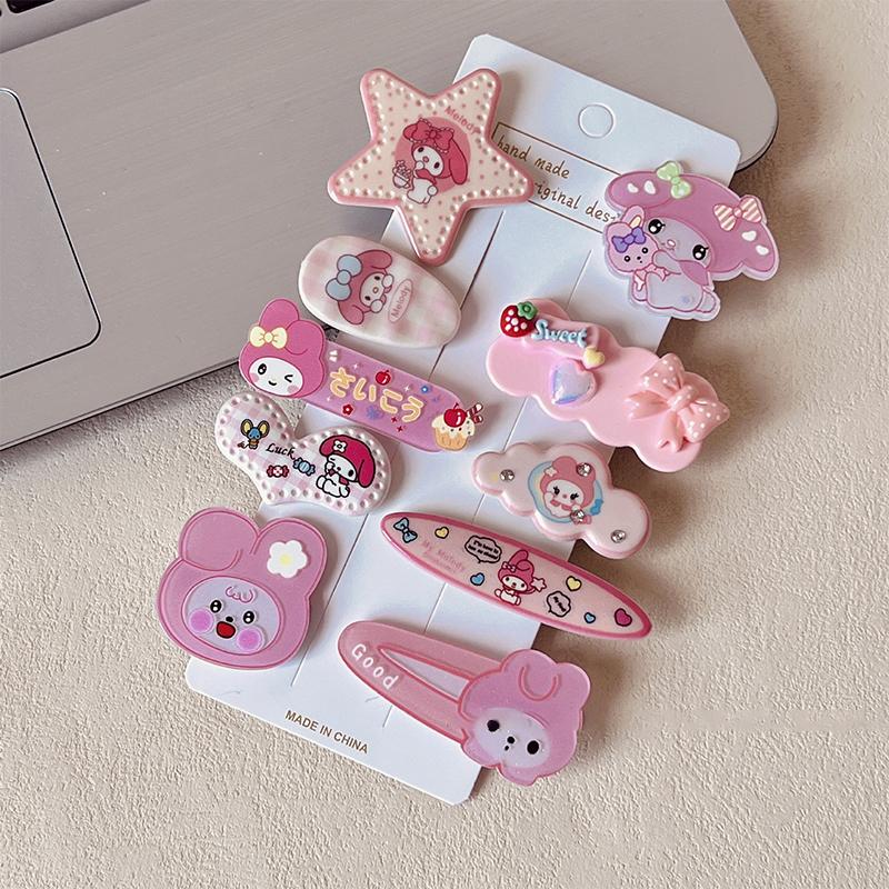 10Pcs Hellokitty Cute Headwear Children'S Acrylic Hair Clip For Girls Kuromi Forehead Hair Clip Melody Bangs Clips