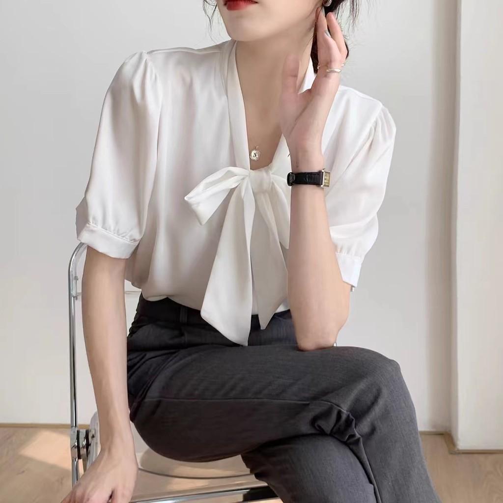 Blue Bowknot Shirt With Satin Fabric And Tie Detail For Office Women