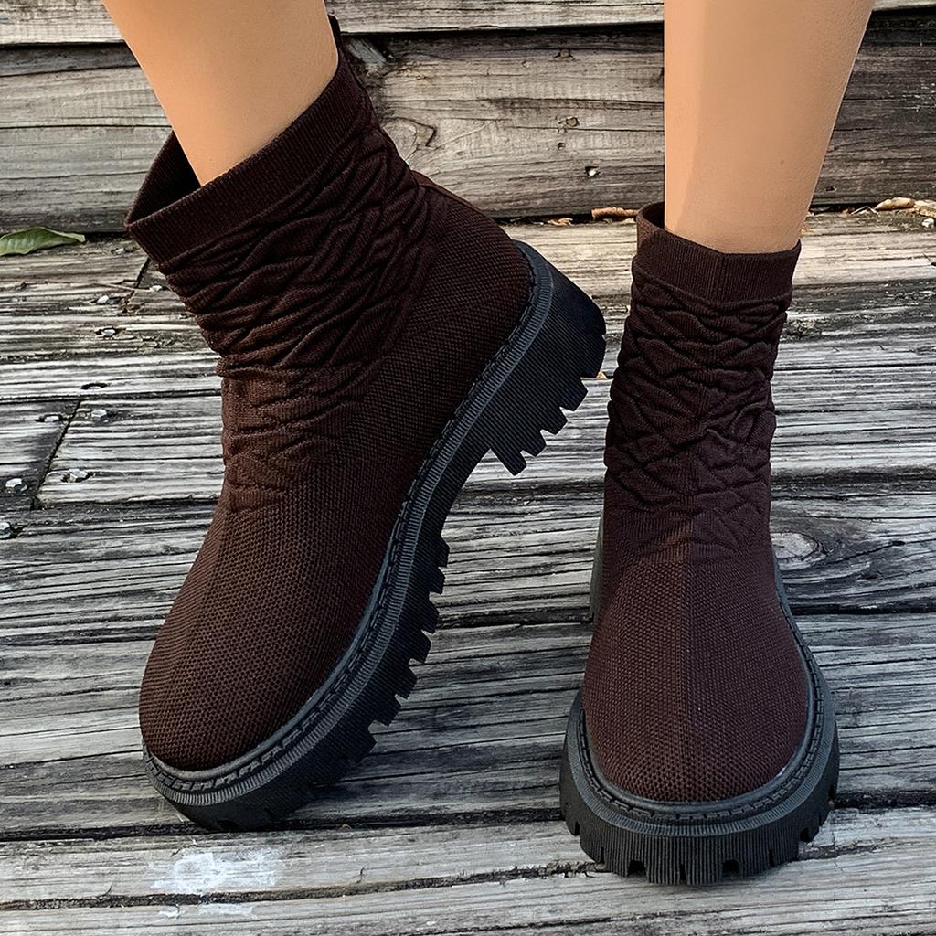 Autumn New Fly-woven Socks and Boots Women's Large-size Thick-soled Solid-color European and American Casual Martin Boots