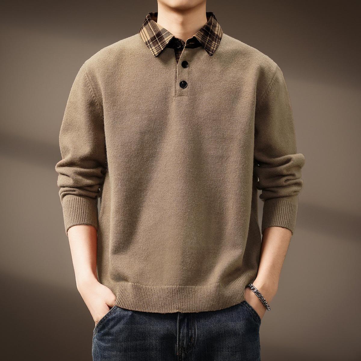 

Men s Trendy Autumn-Winter Plaid Knit Sweater: High-End French Retro Two-Piece Patchwork Pullover with Lapel Cardigan Style L for 130-150 lbs колір світло кави