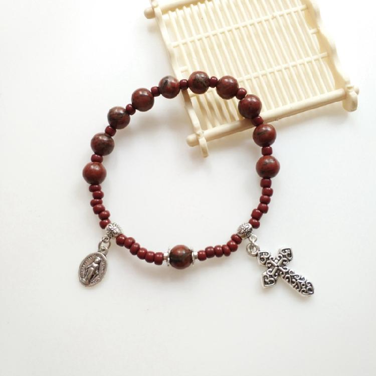 Glass Bead Baptism Religious Gift Catholic for Cross Rosary Bracelet for Women