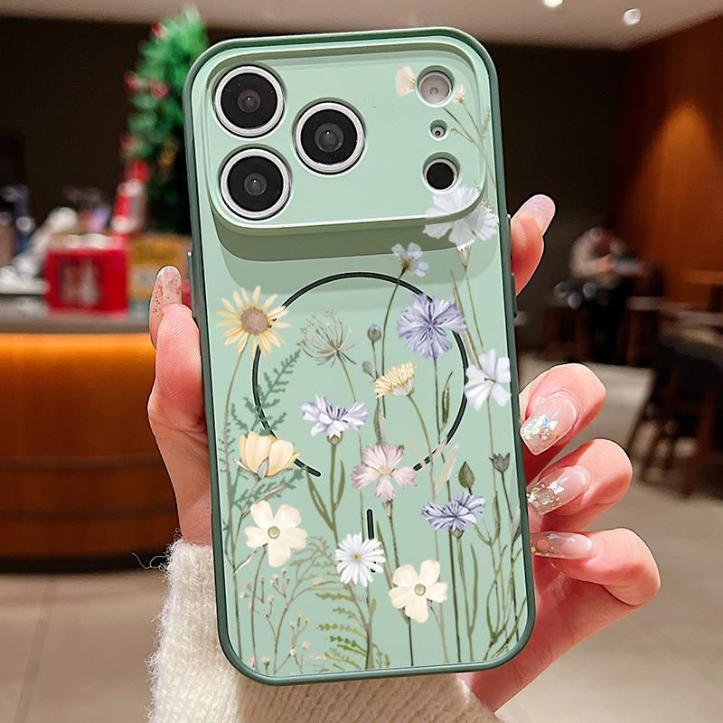 Cartoon Floral Pattern Case For iPhone 17 Pro Max Magnetic For Magsafe Hybrid Slim Matte Cover For iPhone 16 15 14 13 Pro Max Daisies Peach Blossom