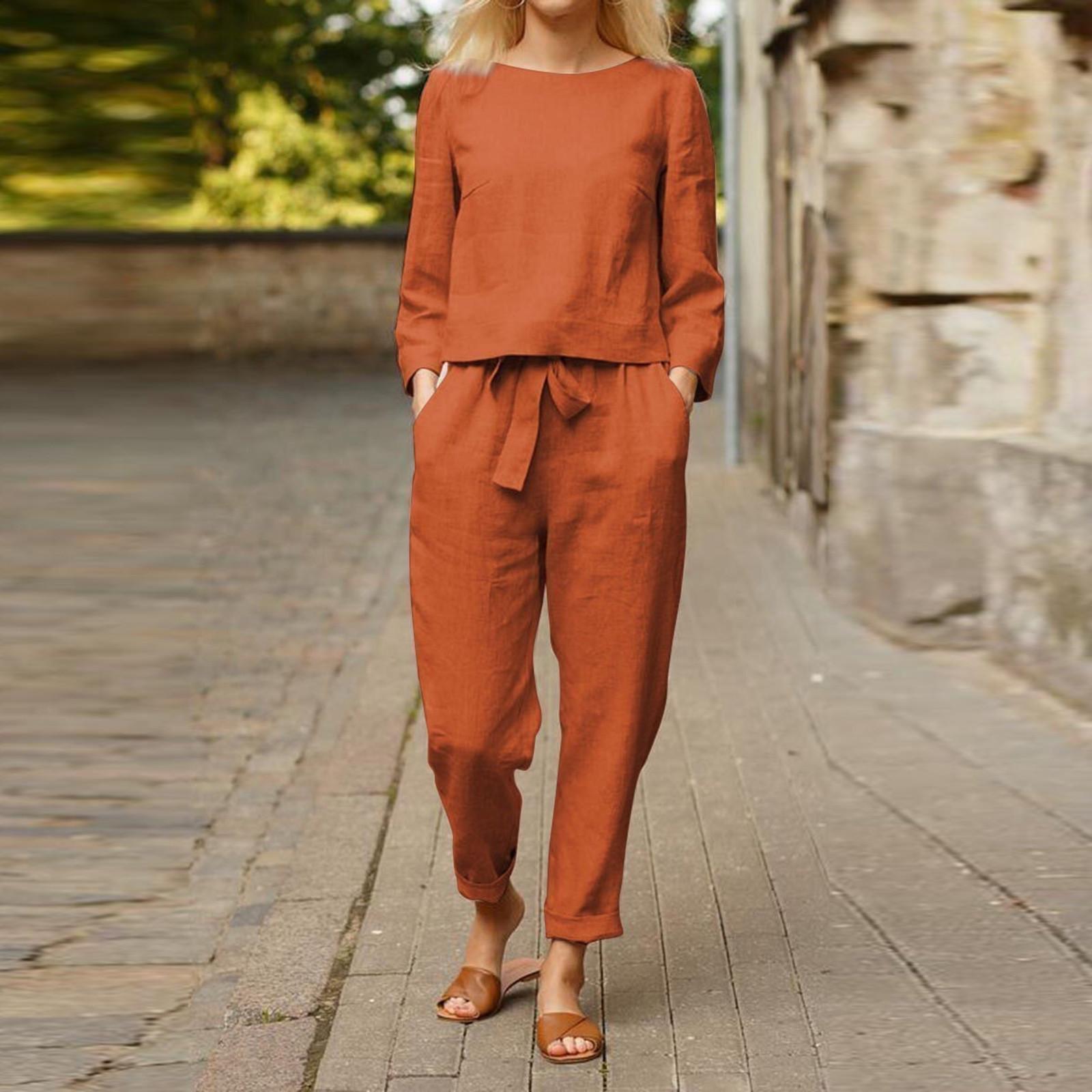 

Women s Fashion Colour Casual Suit Loose Round Neck Top Long Pants Set L шафрановый
