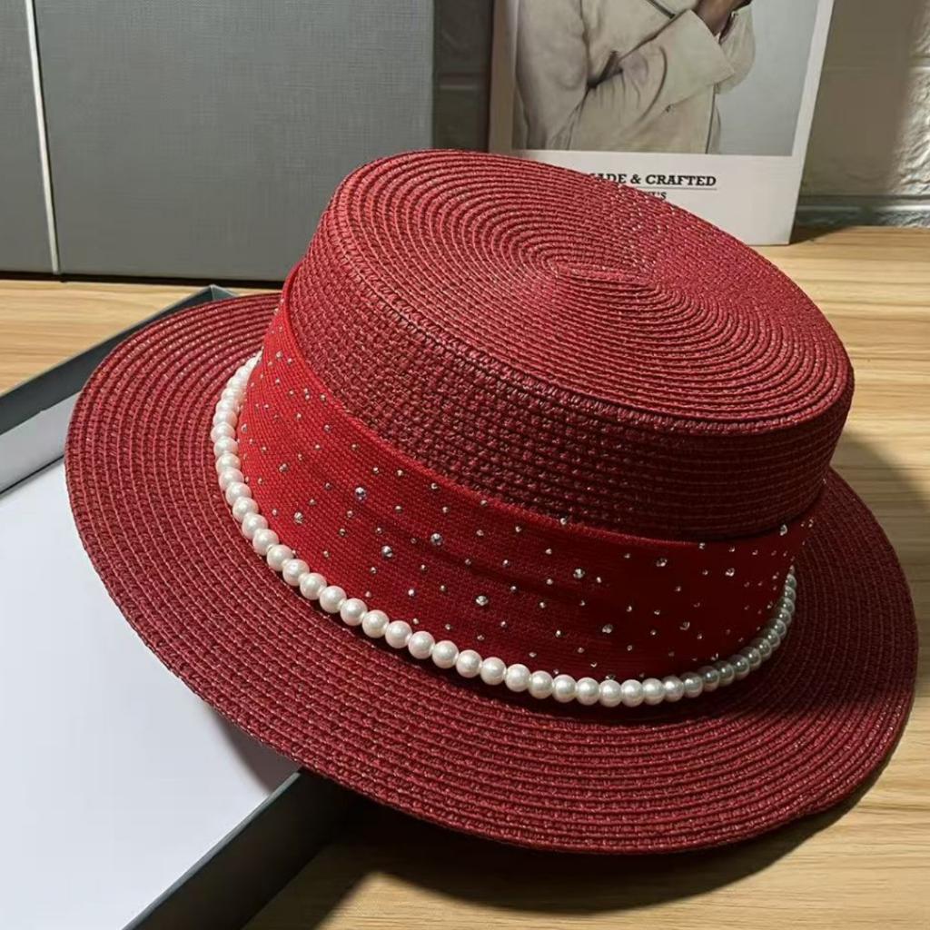 New temperament straw woven flat top hat women's travel fashion sunscreen sunshade flat edge top hat straw hat