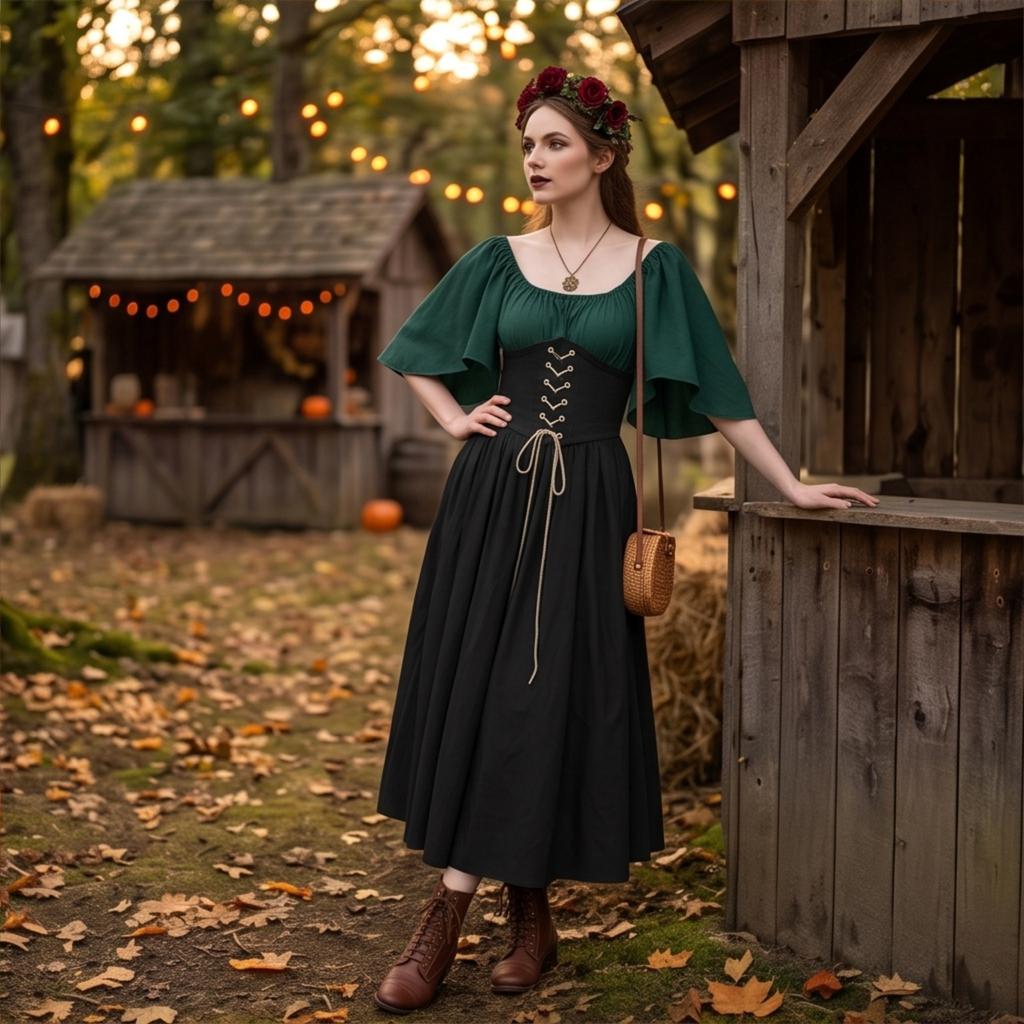 Damen schulterfreies Vintage-Kleid mit voller Glockenrock für Halloween-Kostüm