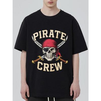 Pirate Crew T Shirt Black Skull with Red Bandana and Crossed Swords Print Casual Streetwear for Men and Women