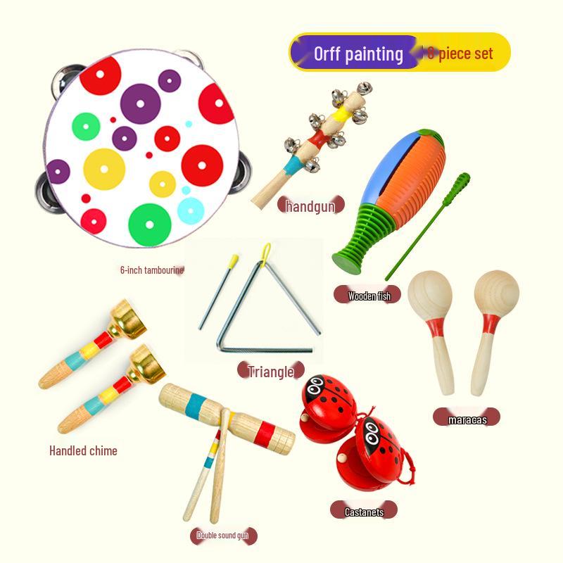 Children's Orff Percussion Instruments: Triangle, Castanets, Maracas, Tambourine, Wood Block, Cymbals