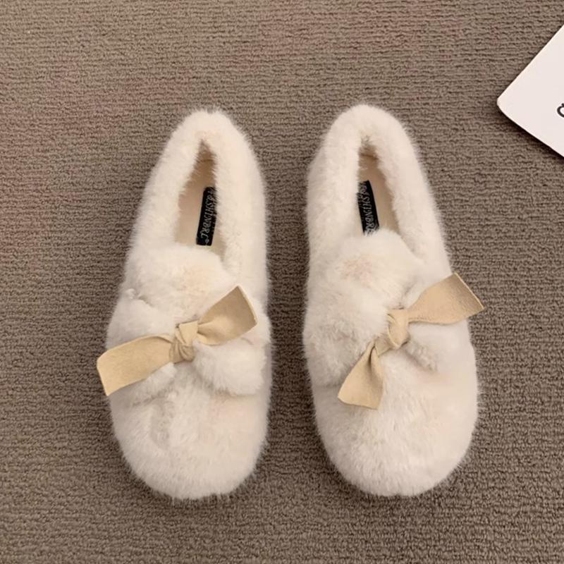 Fashion Women Furry Flats Shoes Fashion Butterfly-knot Slip on Shoes Warm Cartoon House Shoes for Winter