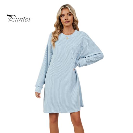 

Платье осень-весна, однотонное, свободный нагрудный карман, длинные рукава, круглый вырез, свитер длиной до колена, для свиданий, на работу, миди-платье S синий