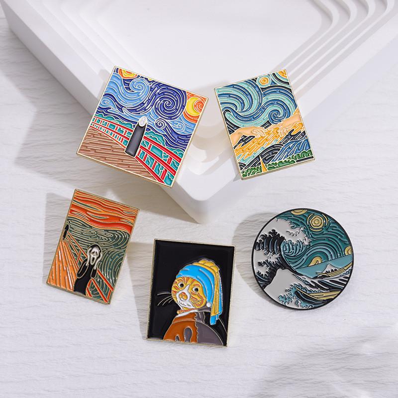 Creative Retro Oil Painting Cat Waves Brooch Charming Alloy Pin For Men And Women