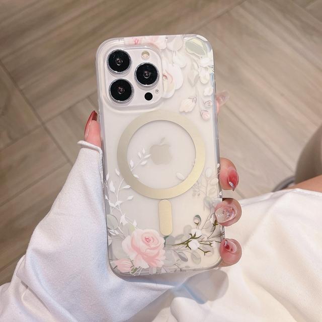 Glossy Skin Multiple Flower Pattern Magsafe Phone Case For Iphone 14 12 11 13 Pro Max 14 Plus Matte Half Clear Shockproof Cover