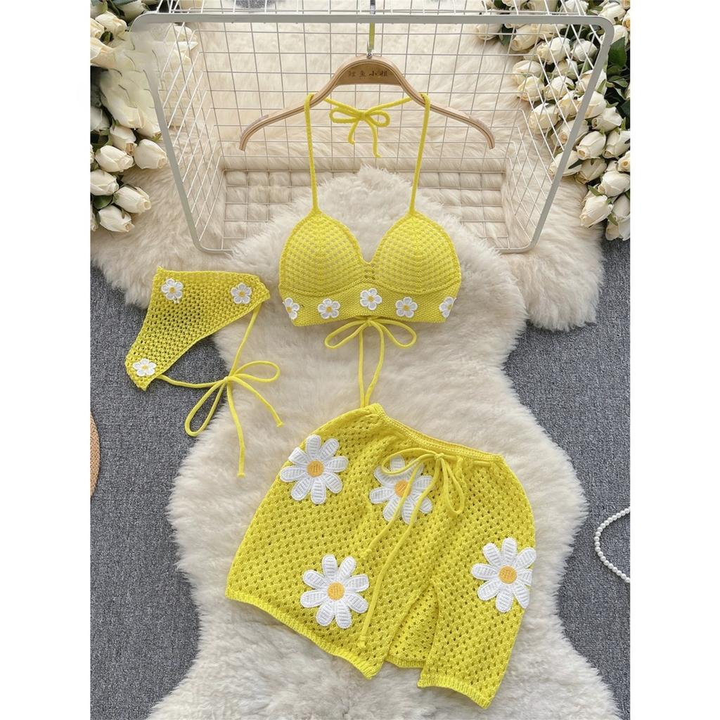 Korean Hollow Out Knitted Suits Women Halter Lace Up Bow Backless Tank Top+Drawstring Split Mini Skirt Two Pieces Sets