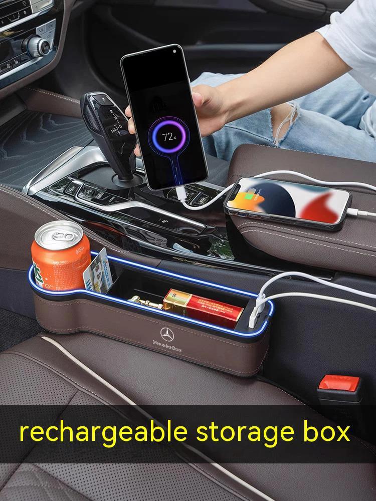 Neu Heiß 2026 Auto USB Lade Farbe Licht Sitz Aufbewahrungsbox Sitzspalt Box Für Mercedes-Benz A B C E V R-Klasse A45 C43 CLA GLA GL
