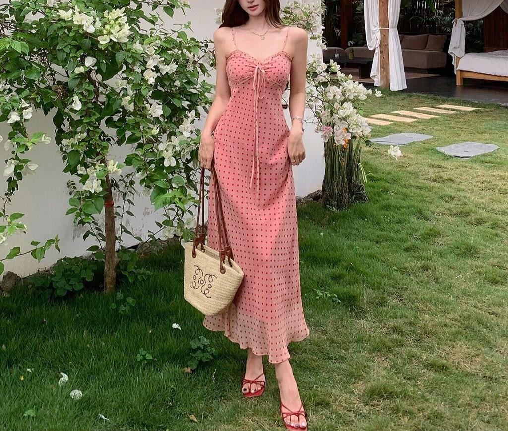 French Polka Dot Backless Spaghetti Strap Dress for Women, Summer Waist-cinching Figure-hugging Skirt, Pure Vacation Style Long Skirt