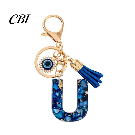 Portable Key Organizer Blue Series Keychain Pendant, Initial Letter Charm Chain with Eyes Tassel Design, A-Z Holder for Bags Backpacks Cars