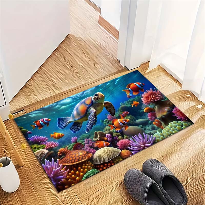 Tropical Fish Print Doormat, Non-Slip Entrance Floor Mat with Colorful Coral Reef & Fish Design, Indoor Rug for Ocean Lovers