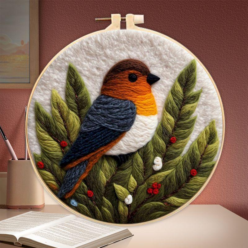 CHENISTORY Wool Felting Painting Needle Embroidery Kit Branch Bird Painting DIY Crafts Animals Handmade Home Decoration