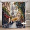 Autumn Paris Shower Curtain: Eiffel Tower, Vintage Cars, Red-Awned Buildings, Fall Foliage, 12 Hooks, Washable, Polyester