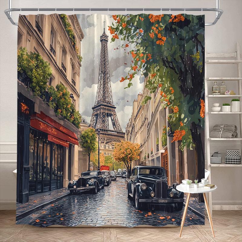 Autumn Paris Shower Curtain: Eiffel Tower, vintage cars, red-awned buildings, fall foliage, 12 hooks, washable, polyester W90xH180cm