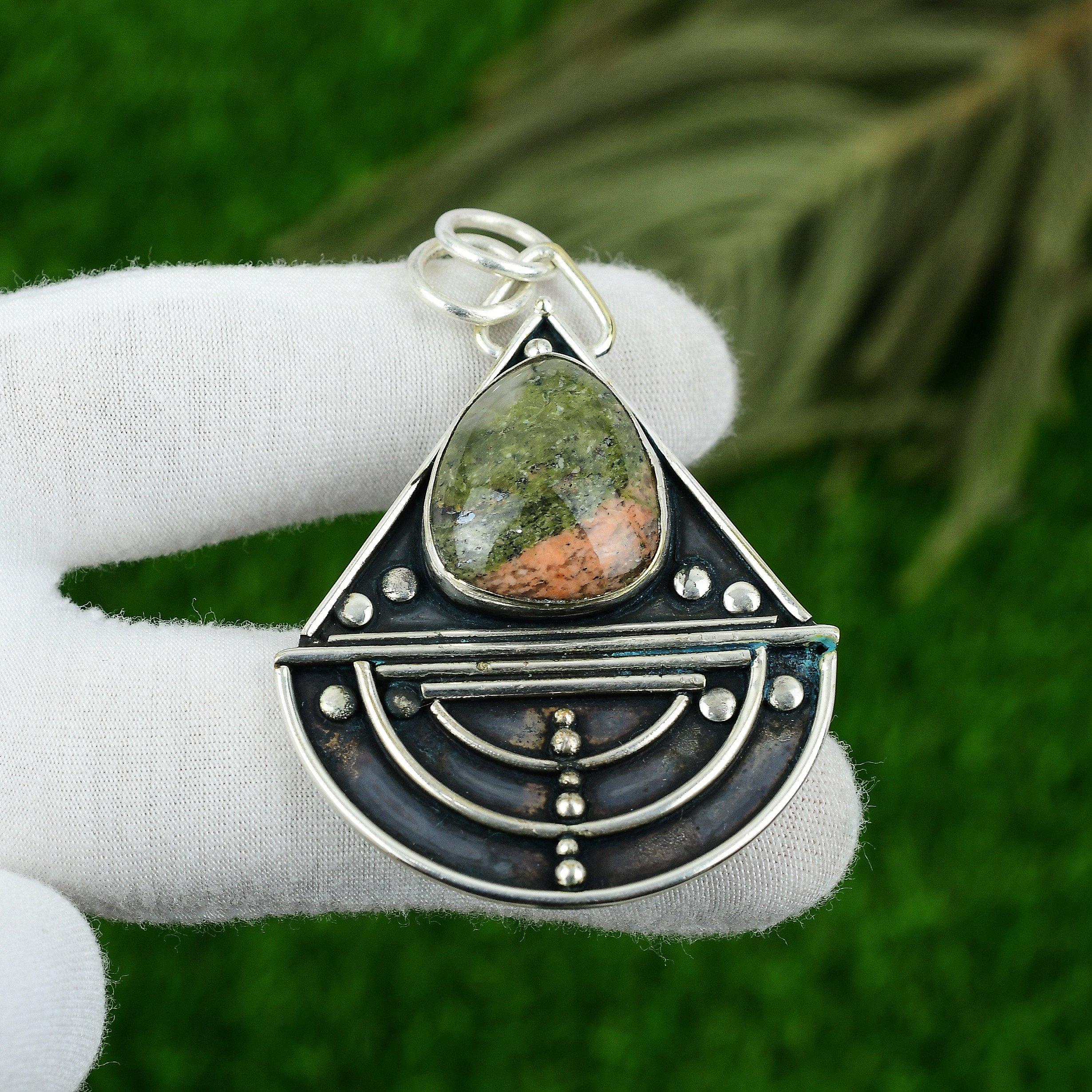 

925 Silver Heart Chakra Unakite Gemstone Handcrafted Anniversary Bezel Pendant