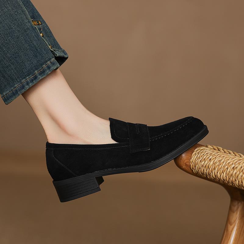 Fashion 2025 Spring Kid Suede Women Shoes Round Toe Chunky Heel Women Pumps Shoes for Women Genuine Leather Loafers Ladies Shoes