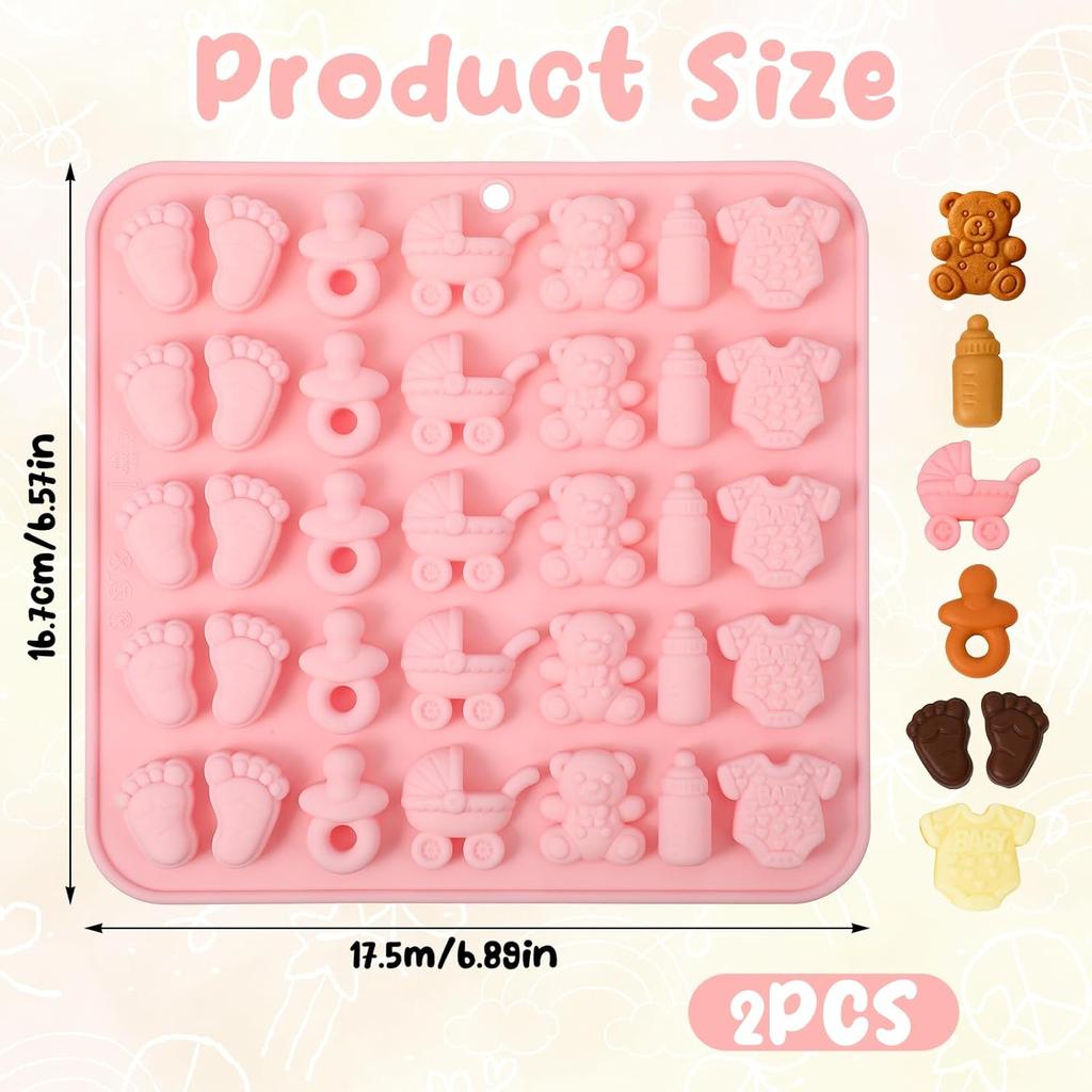 2 PCS Baby Shower Chocolate Mold,Baby Feet Molds Silicone, Baby Onesie Baby Bottle Pacifier Baby Carriage Bear Mold Candy Chocolate Gummy Molds for
