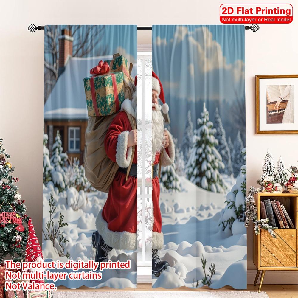 

2pcs 2D flat printing Christmas Curtains Santa Claus Walking Snowy Woods Gift Polyester Without Electricity Spring Use for 52.50×116.00 CM 2pcs