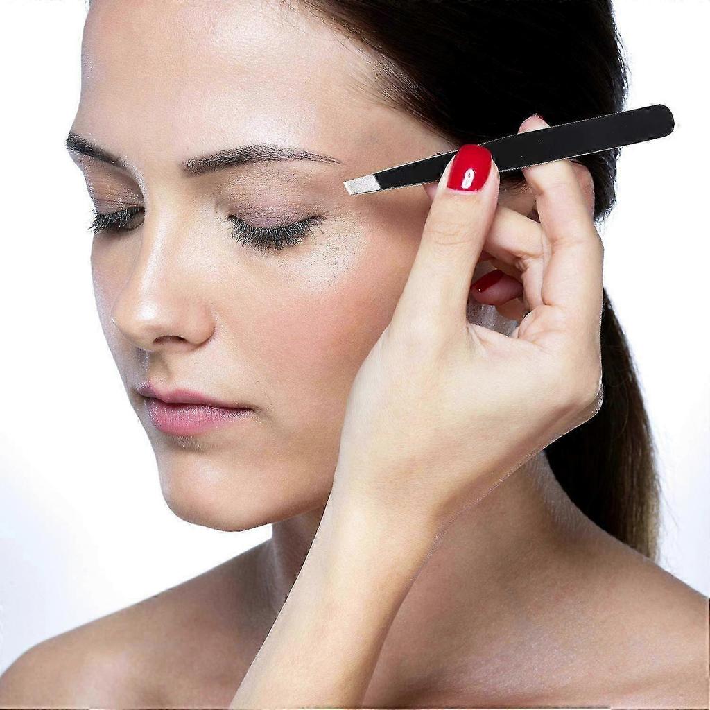 12 Pieces Stainless Steel Slant Tip Tweezers Precision Tweezers for Eyebrows (Black)